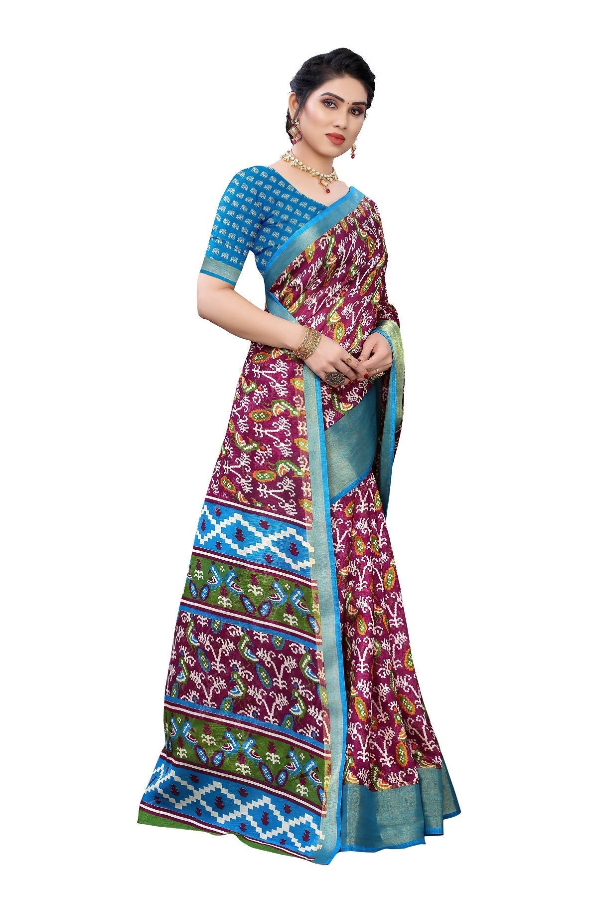 Vamika Purple and Blue Linen Jari Border Saree Online At Low Price | Grocsy