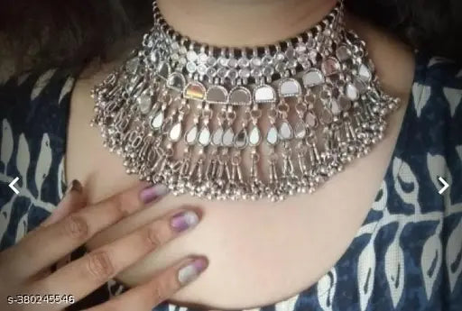 Tehzeeb Creations Women's Silver Colour Oxidised Necklace Set With Mirror Work | Grocsy