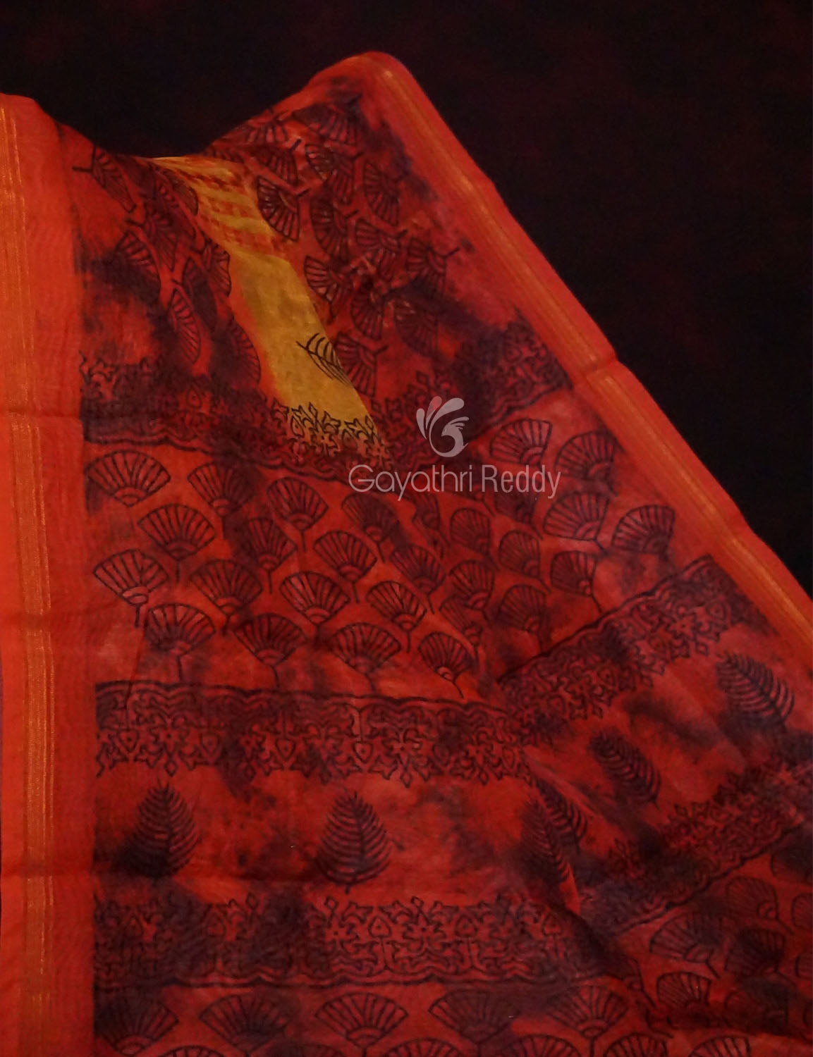 Yellow And Red Colour Block Print Semi Chanderi Saree By Gayathri Reddy Designer Studio | Grocsy