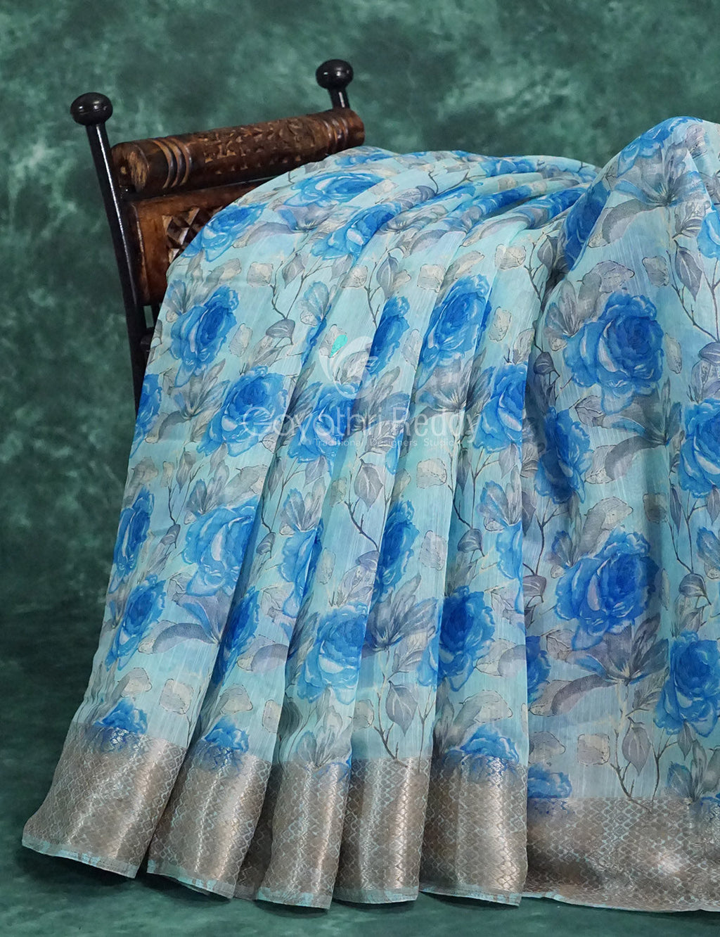 Powder Blue And Dark Blue Coloured Floral Print Semi Chanderi Saree By Gayathri Reddy Designer Studio | Grocsy