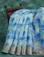 Powder Blue And Dark Blue Coloured Floral Print Semi Chanderi Saree By Gayathri Reddy Designer Studio | Grocsy