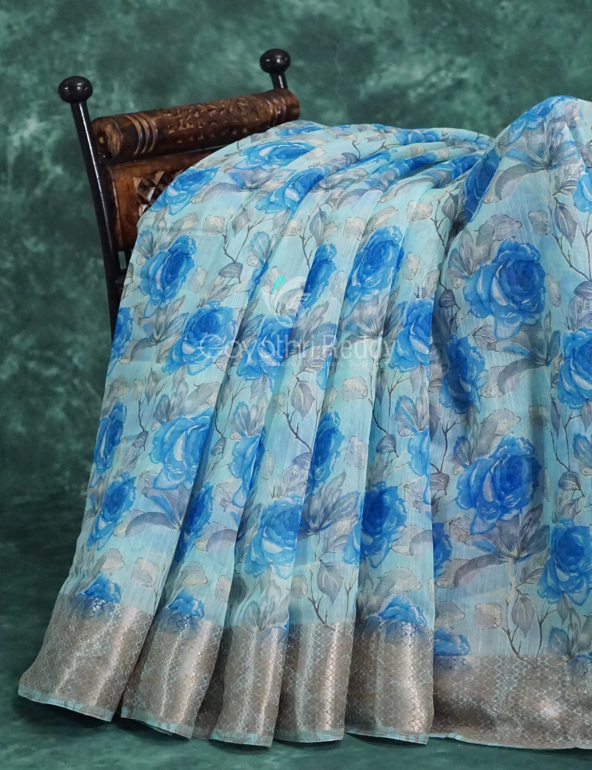 Powder Blue And Dark Blue Coloured Floral Print Semi Chanderi Saree By Gayathri Reddy Designer Studio | Grocsy