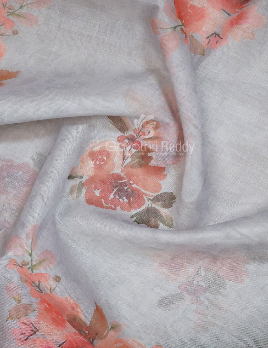 Shades of Light Grey Floral Print Semi Chanderi Saree By Gayathri Reddy Designer Studio | Grocsy
