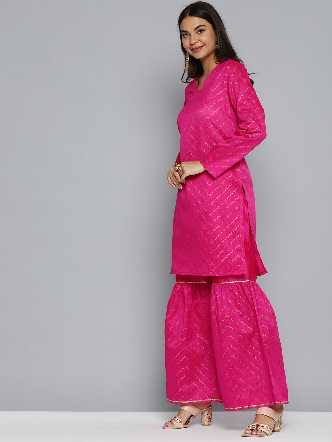 HERE&NOW Women Pink Ethnic Motifs Printed Gotta Patti Kurta with Sharara With Dupatta | Grocsy