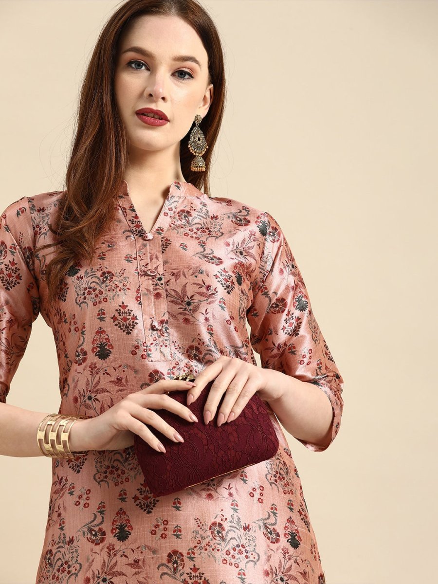All About You Women Dusty Pink Floral Block Print Chanderi Silk Blend Straight Kurta | Grocsy