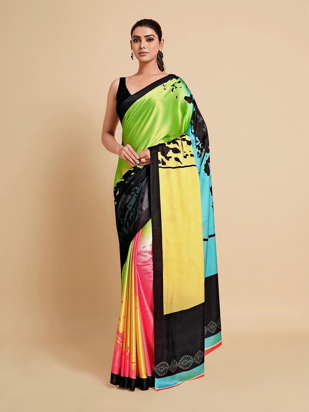 Sangria Lime Green & Blue Satin Saree | Grocsy