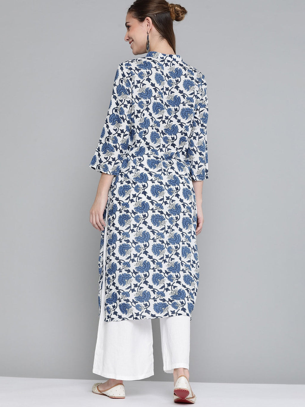 HERE&NOW Women White & Navy Blue Ethnic Motifs Printed Kurta | Grocsy