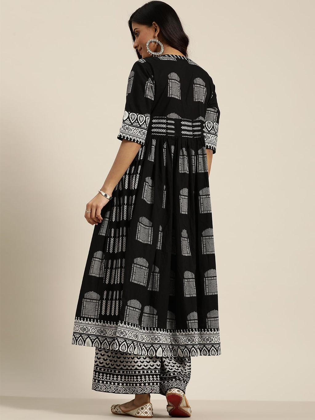 Sangria Women Black & White Ethnic Motifs Printed Pure Cotton Kurta with Sharara | Grocsy