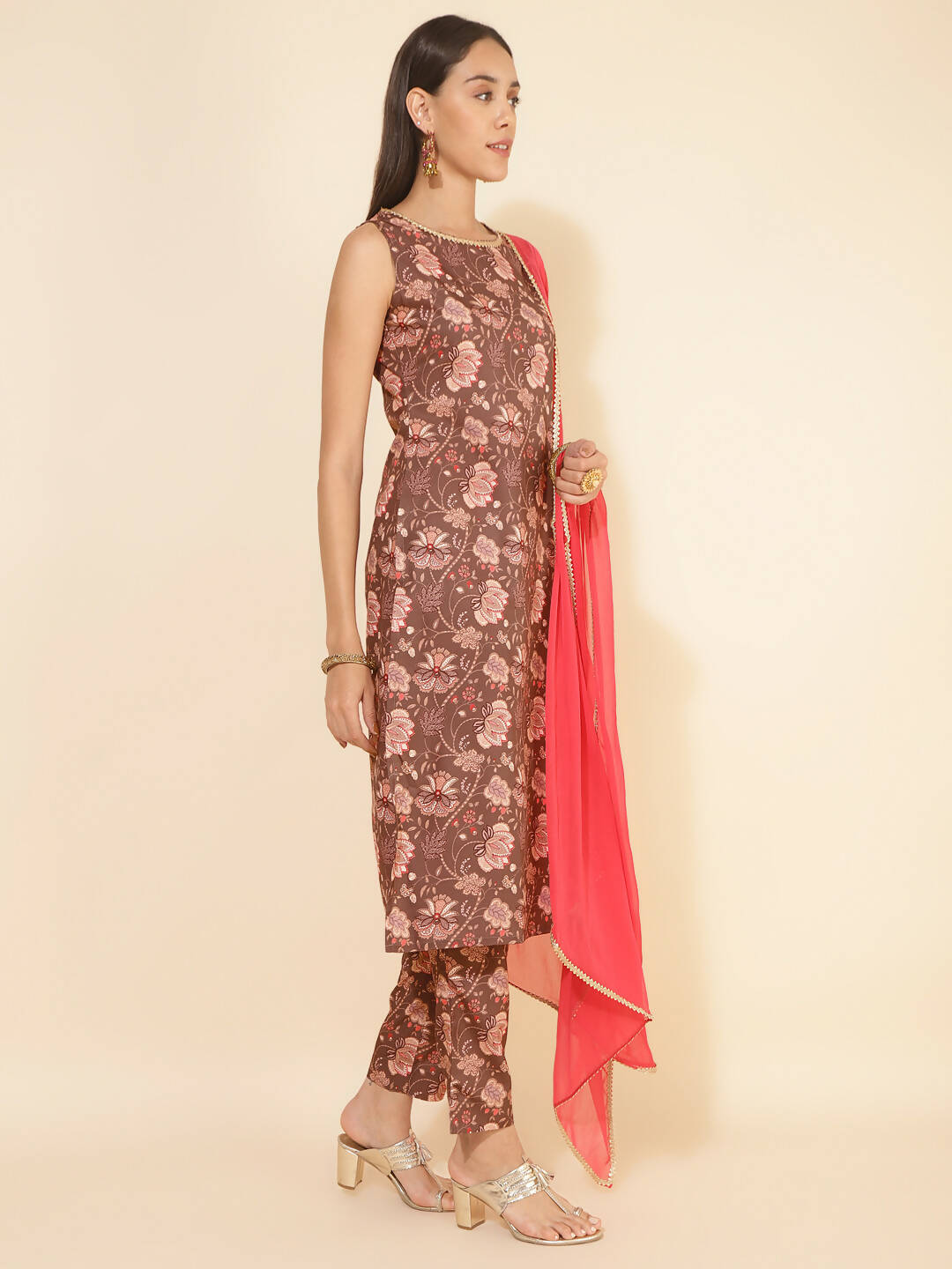 Janasya Women's Brown Crepe Digital Floral Printed Festive Straight Kurta Set | Grocsy
