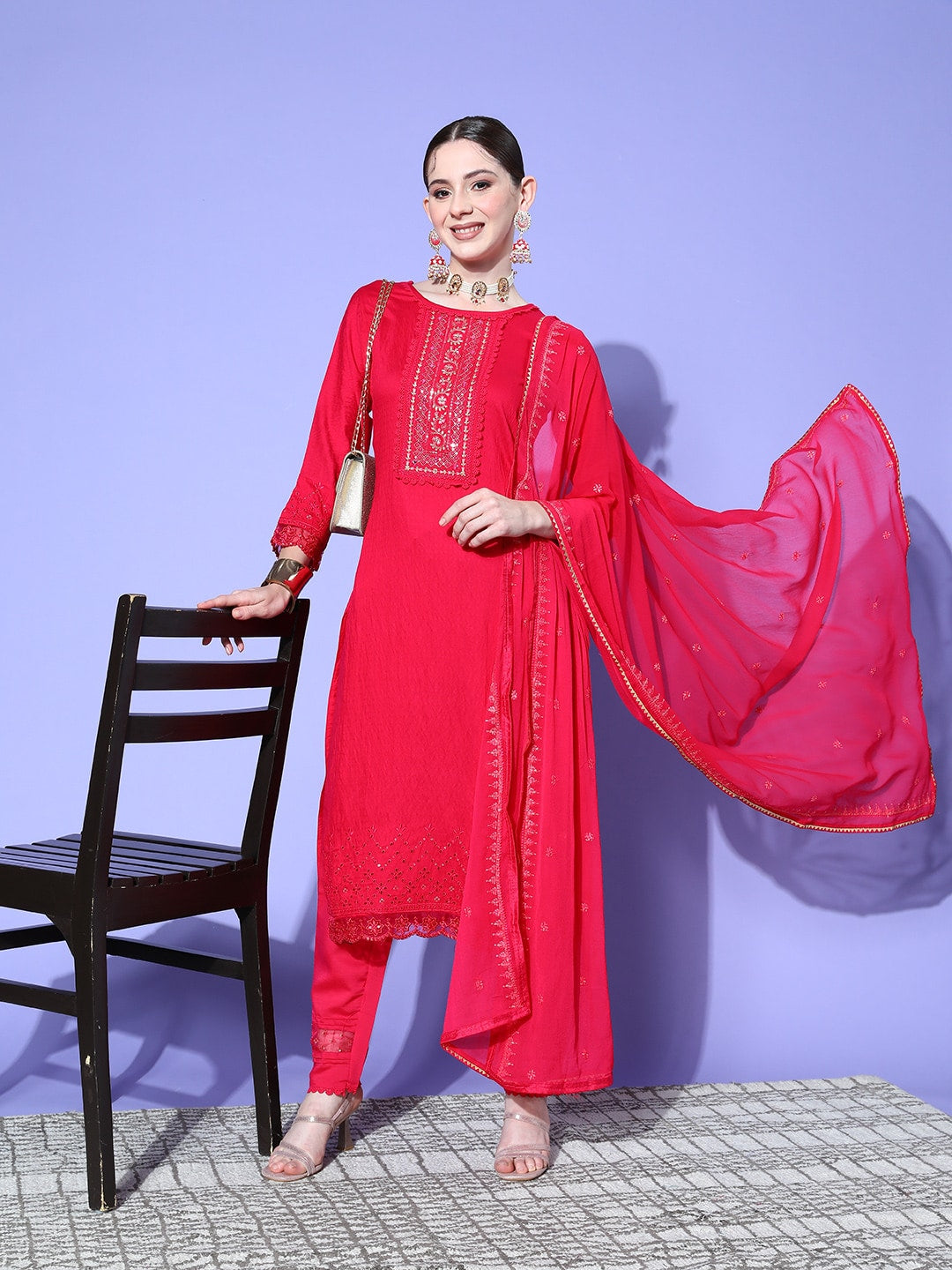 Sangria Floral Embroidered Regular Sequinned Kurta with Trousers & With Dupatta | Grocsy