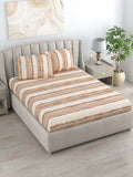DREAM WEAVERZ Beige & Brown Striped Pure Cotton 220 TC King Bedsheet With 2 Pillow Covers | Grocsy