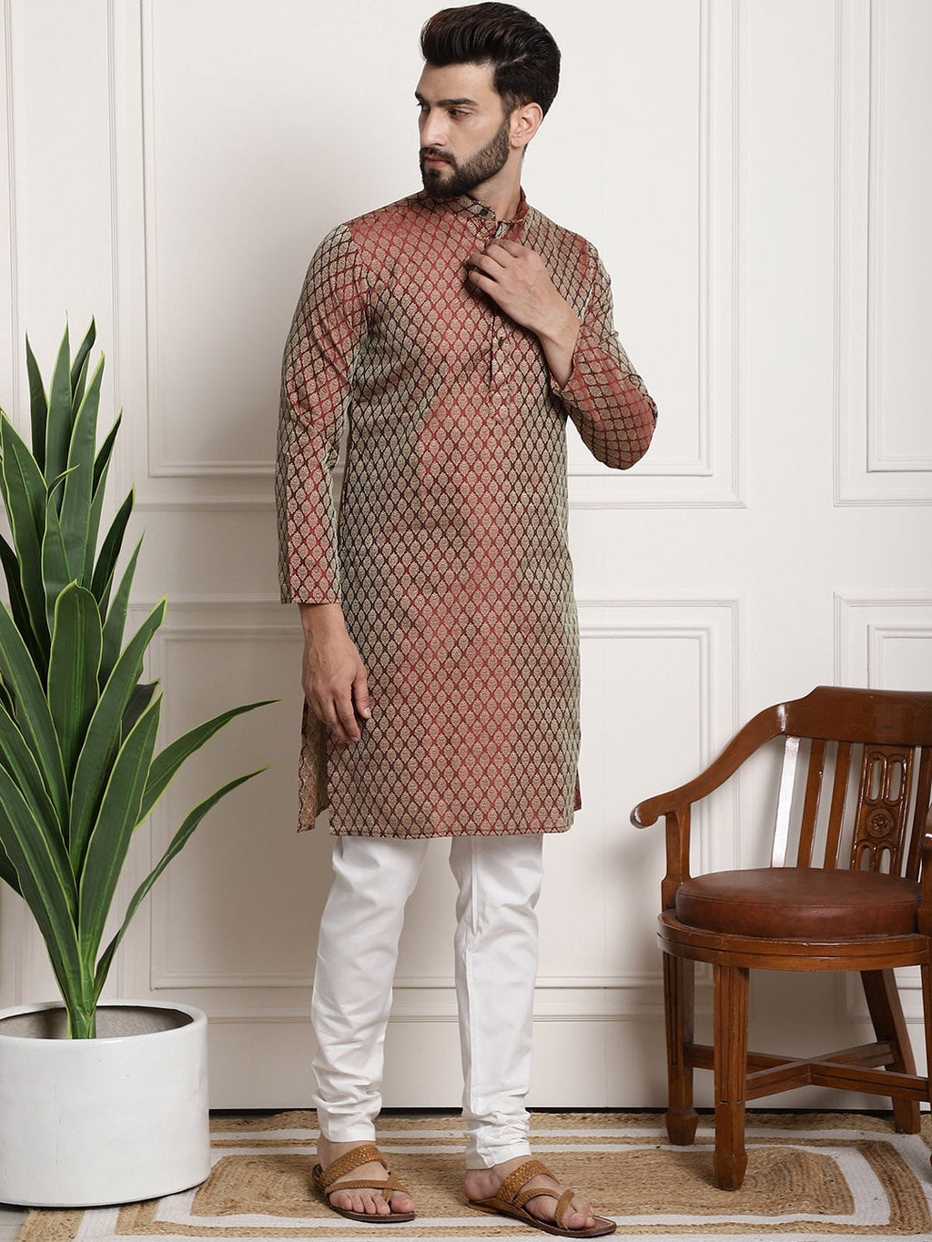 Sojanya Men Maroon & Off-White Woven Design Kurta with Churidar | Grocsy