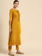 Sangria Women Mustard Yellow & Green Ethnic Motifs Embroidered Cotton Kurta Set | Grocsy