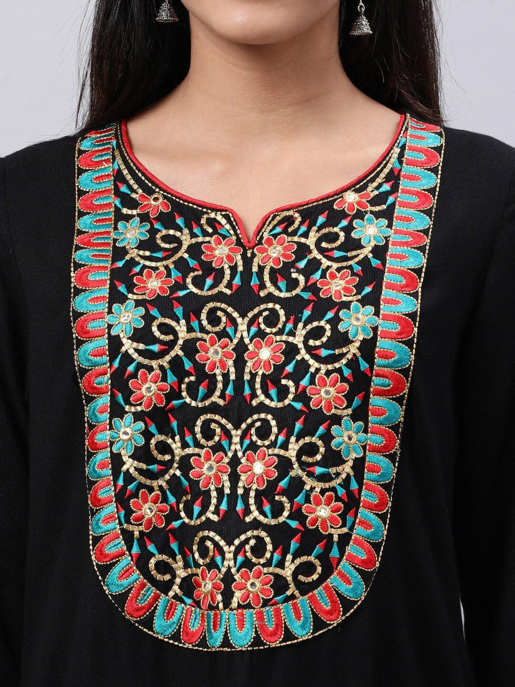 Souchii Black Geometric Yoke Design Thread Work Grandeur & Majestic Artwork Kurta | Grocsy