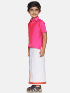 Sethukrishna Pink & White Solid Shirt with Veshti Set For Boys | Grocsy