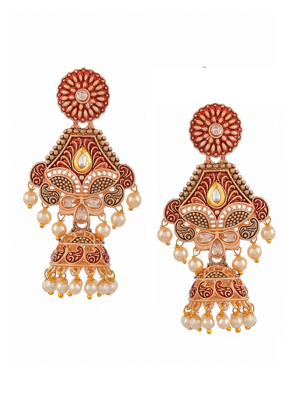 Shoshaa Maroon & Gold-Toned & Plated Contemporary Antique Jhumkas Earrings | Grocsy