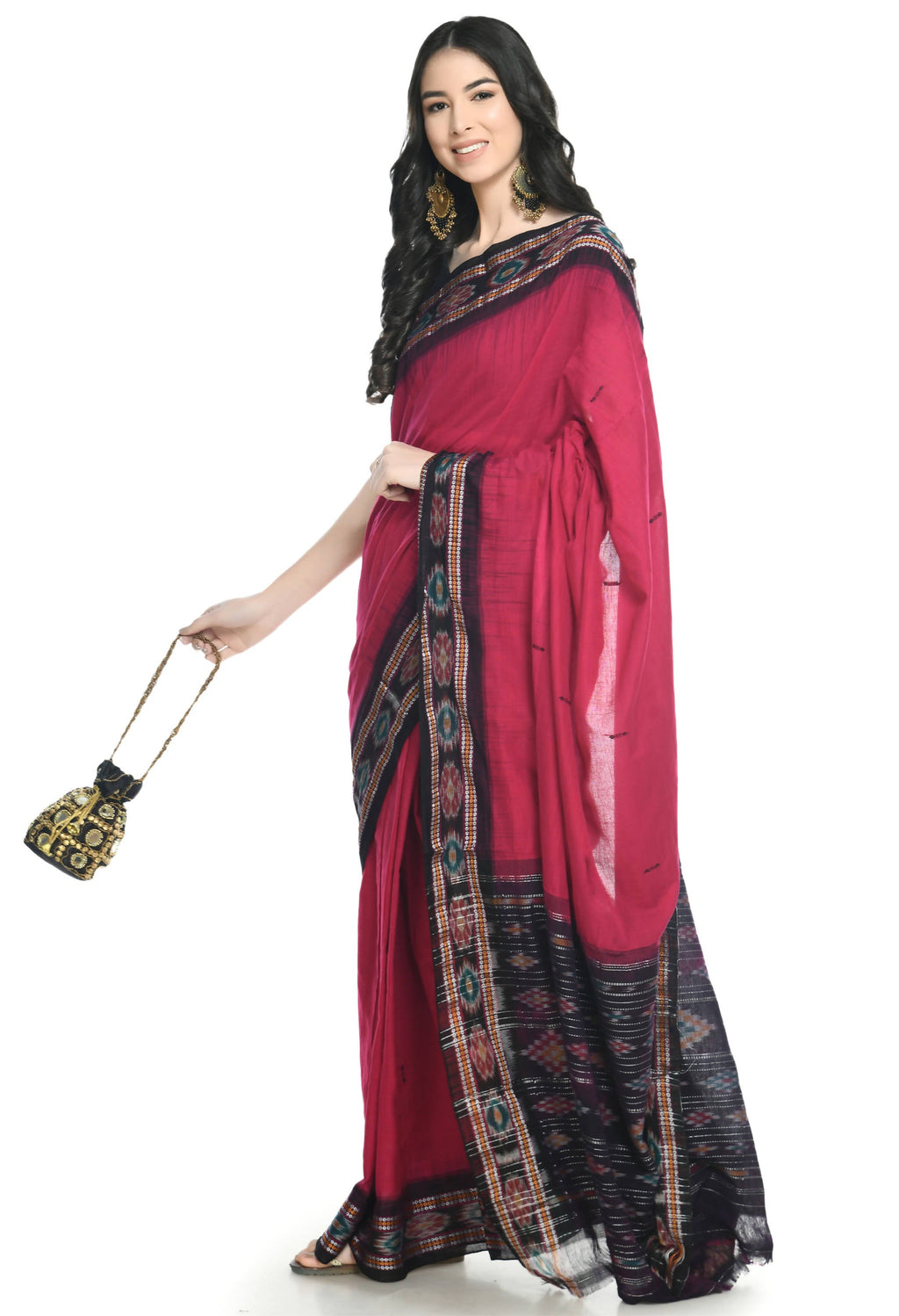 Vamika Sambalpuri Ikat Cotton Rekhabala Buti Magenta & Black Saree | Grocsy