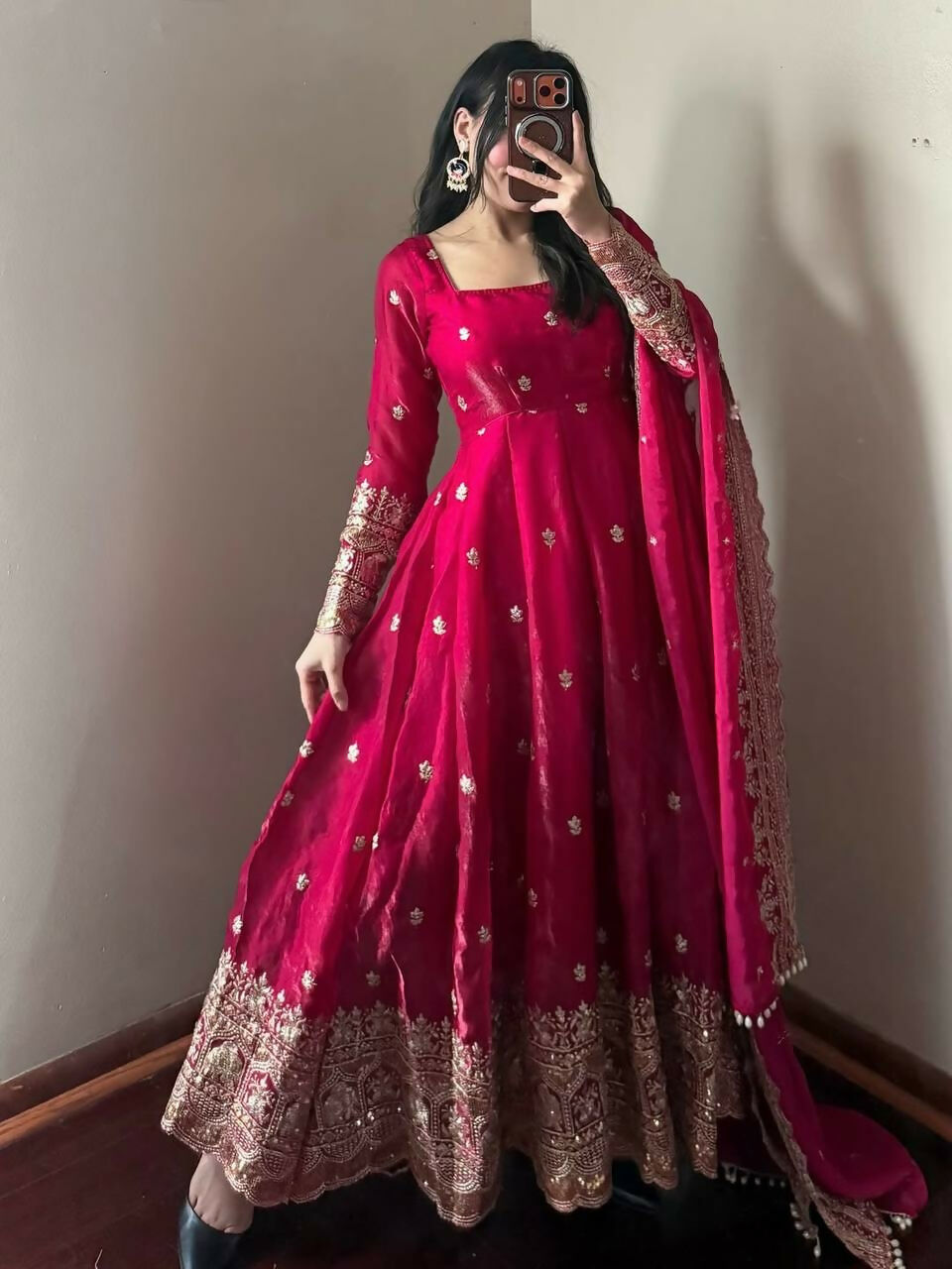 Teeya Creation Red Fendy Silk Designer Heavy Work Wedding Wear Long Gown | Grocsy