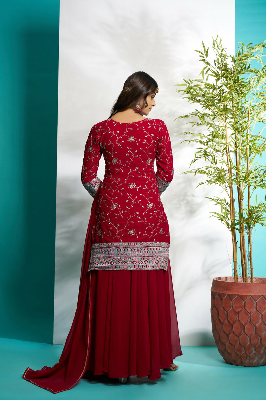 Aayaa Designer Faux Gorgette Embroidery Zari Sequins Thread work Full Flaired plazzo Suit with Dupatta - Maroon | Grocsy