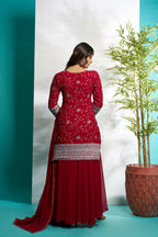 Aayaa Designer Faux Gorgette Embroidery Zari Sequins Thread work Full Flaired plazzo Suit with Dupatta - Maroon | Grocsy