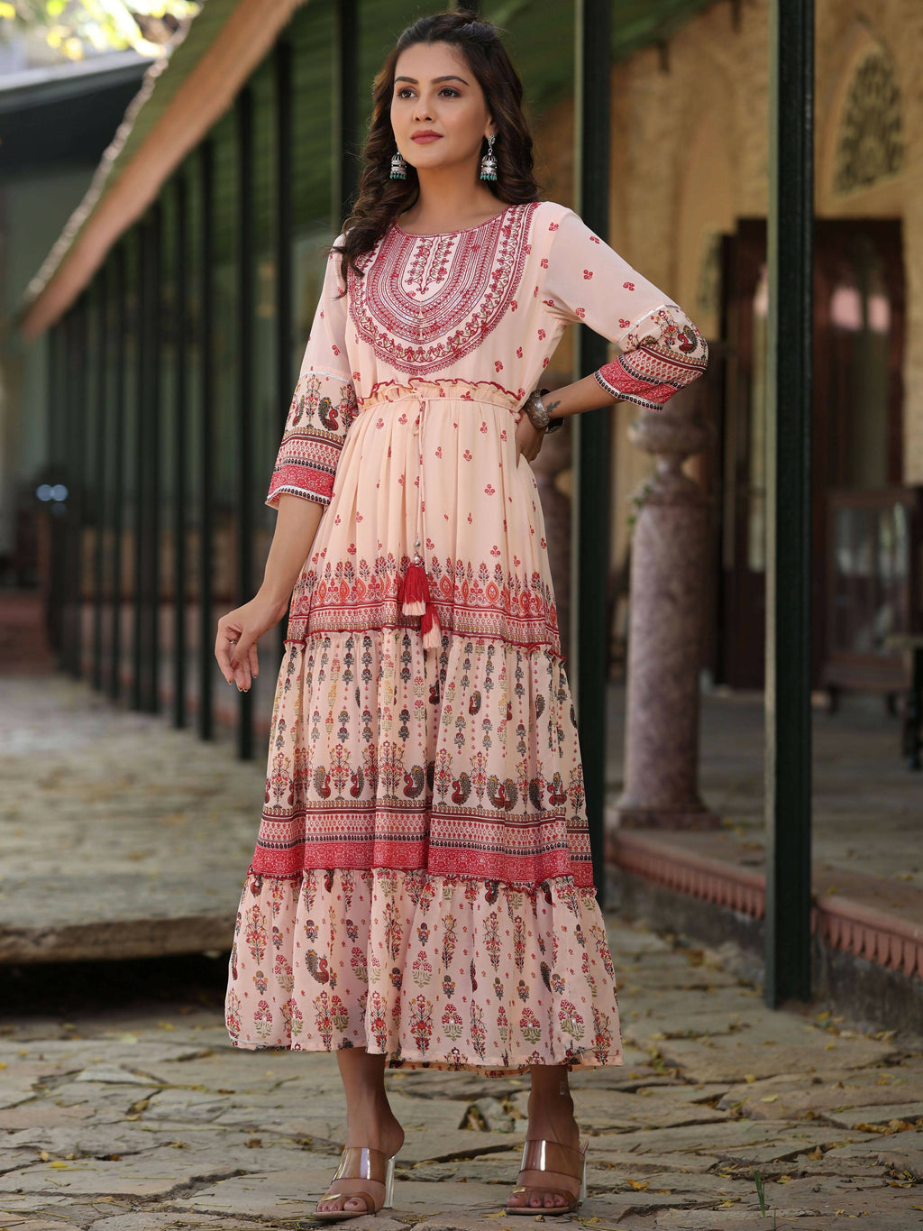 Juniper Women's Peach Georgette Floral Embroderied Maxi Dress | Grocsy