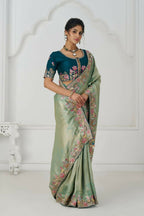 Kesar Fab Trending Reception Green Color With Multi-Thread Embroidery Saree | Grocsy