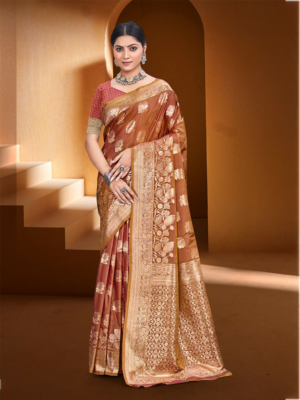 Sangam Prints Rust Orange Silk Woven Work Traditional Saree | Grocsy