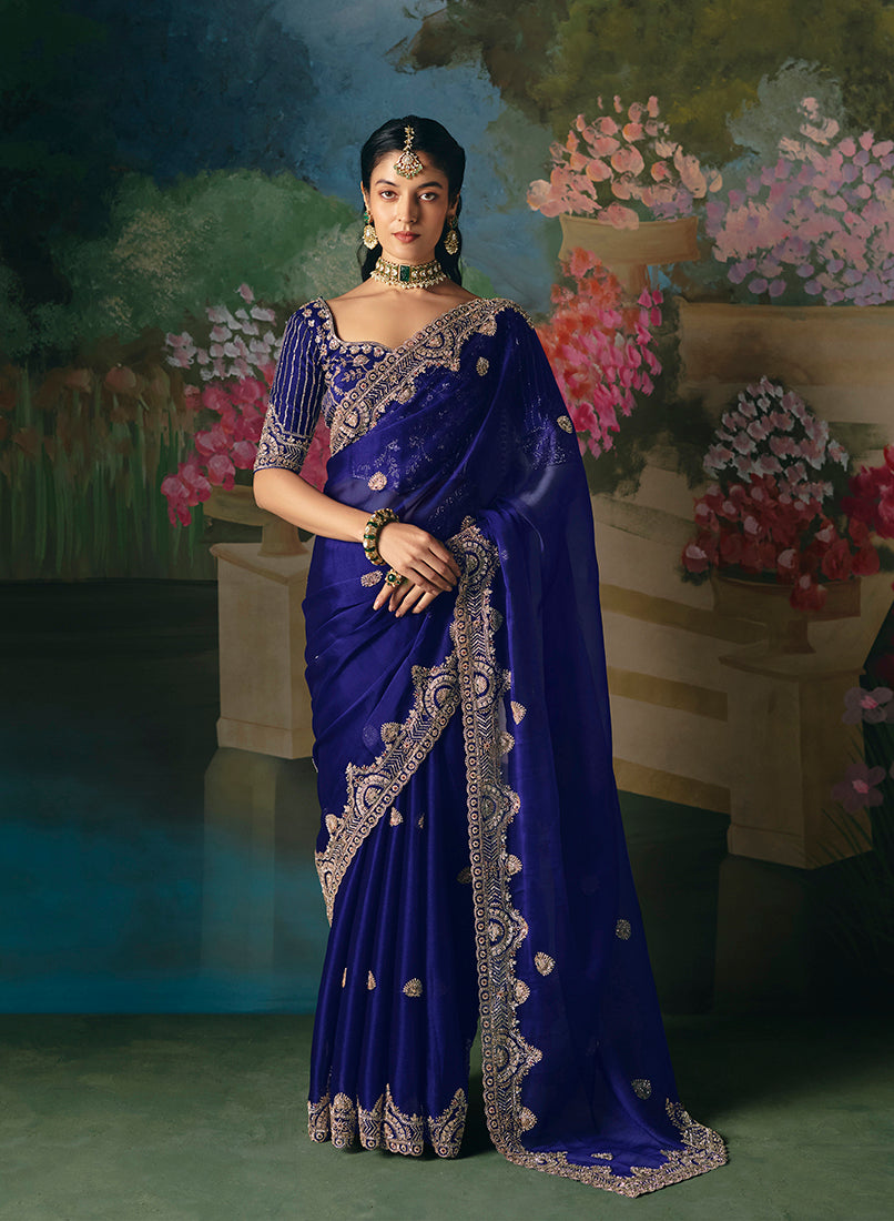 Monjolika Fashion Fancy Fabric Embroidered Saree in Royal Blue | Grocsy