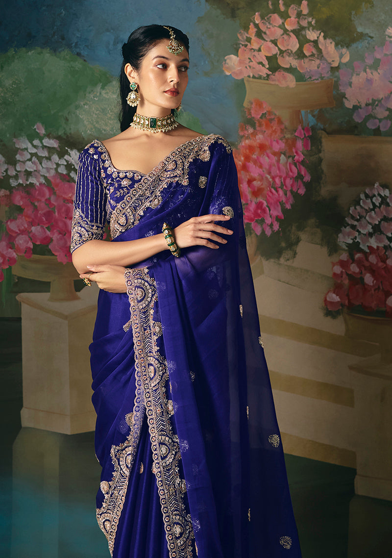 Monjolika Fashion Fancy Fabric Embroidered Saree in Royal Blue | Grocsy