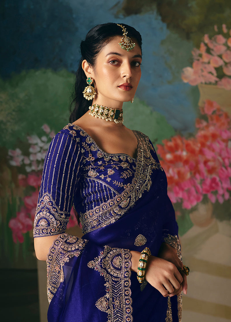 Monjolika Fashion Fancy Fabric Embroidered Saree in Royal Blue | Grocsy