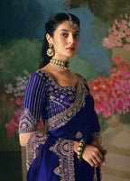 Monjolika Fashion Fancy Fabric Embroidered Saree in Royal Blue | Grocsy