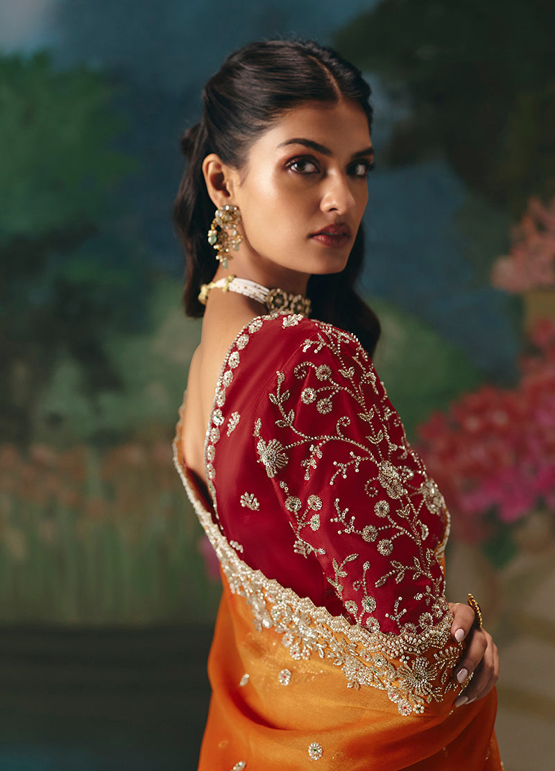 Monjolika Fashion Fancy Fabric Embroidered Saree in Orange | Grocsy