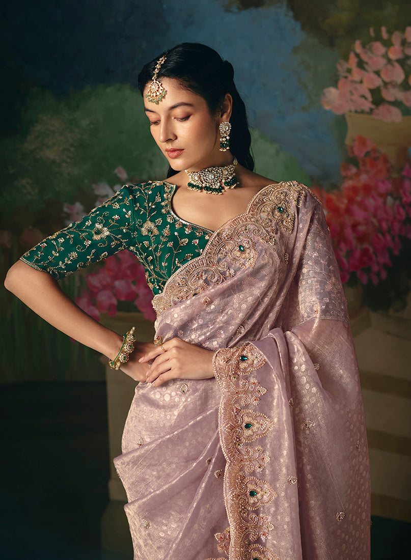 Monjolika Fashion Fancy Fabric Embroidered Saree in Dusty Pink | Grocsy