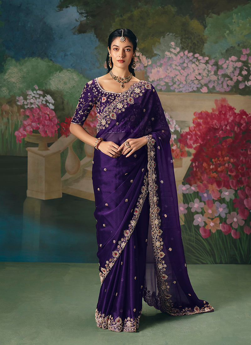 Monjolika Fashion Fancy Fabric Embroidered Saree in Purple | Grocsy