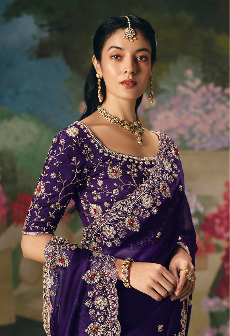 Monjolika Fashion Fancy Fabric Embroidered Saree in Purple | Grocsy