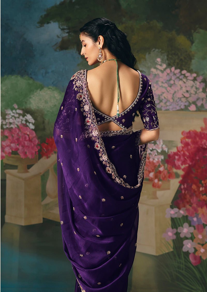 Monjolika Fashion Fancy Fabric Embroidered Saree in Purple | Grocsy