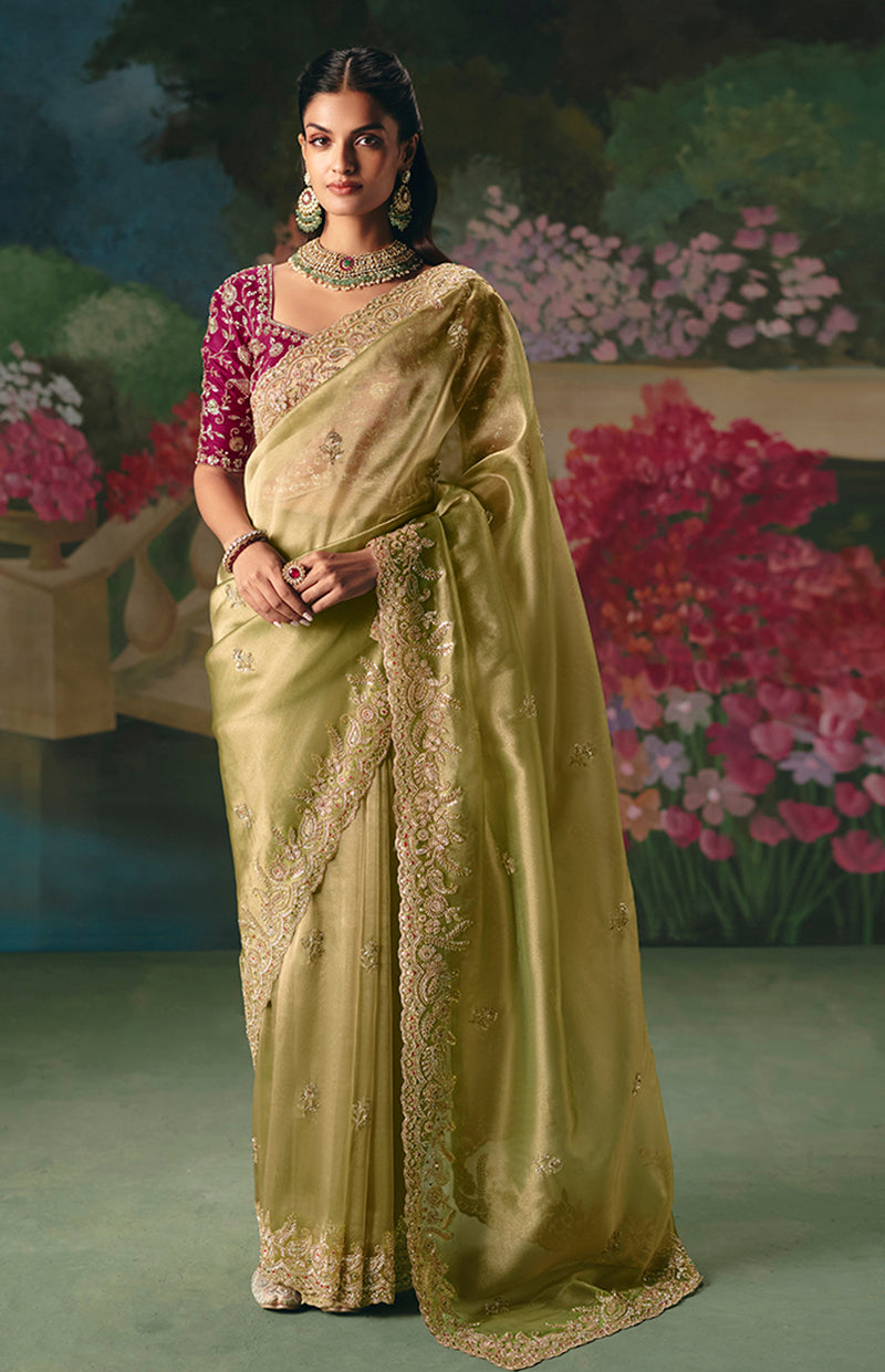 Monjolika Fashion Fancy Fabric Embroidered Saree in Pista Green | Grocsy