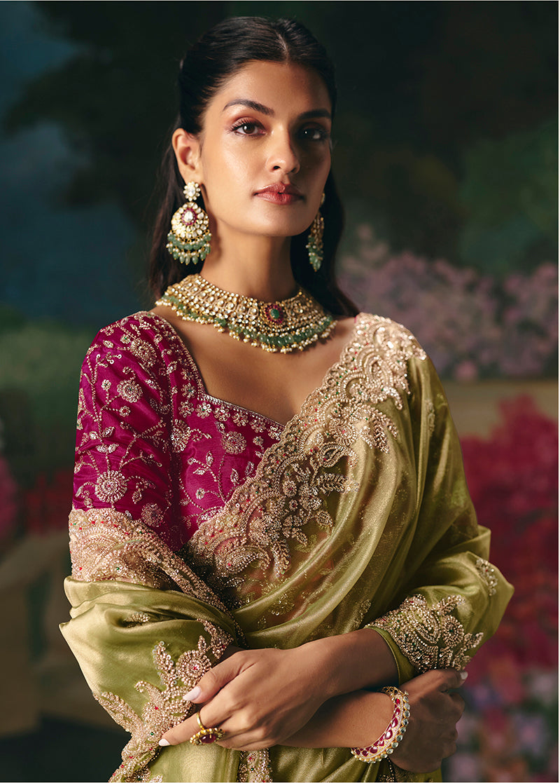 Monjolika Fashion Fancy Fabric Embroidered Saree in Pista Green | Grocsy
