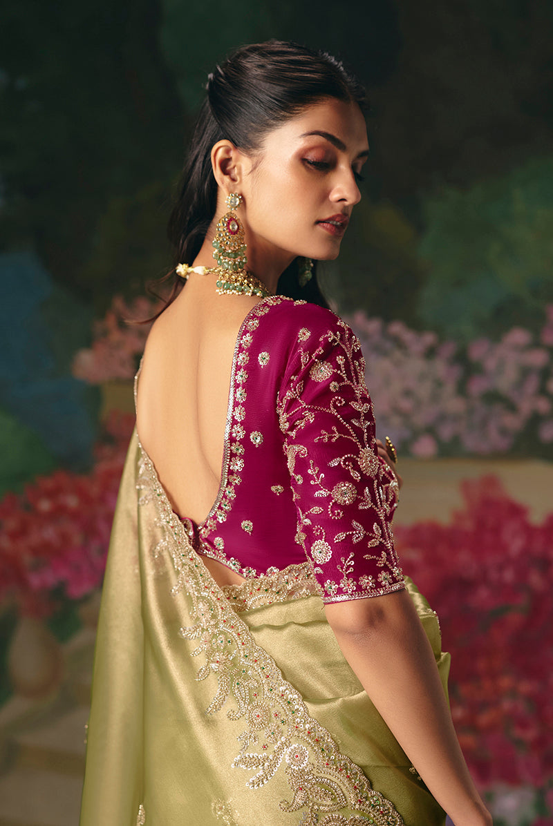 Monjolika Fashion Fancy Fabric Embroidered Saree in Pista Green | Grocsy