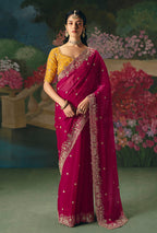 Monjolika Fashion Fancy Fabric Embroidered Saree in Rani Pink | Grocsy