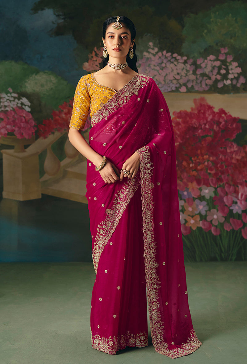 Monjolika Fashion Fancy Fabric Embroidered Saree in Rani Pink | Grocsy