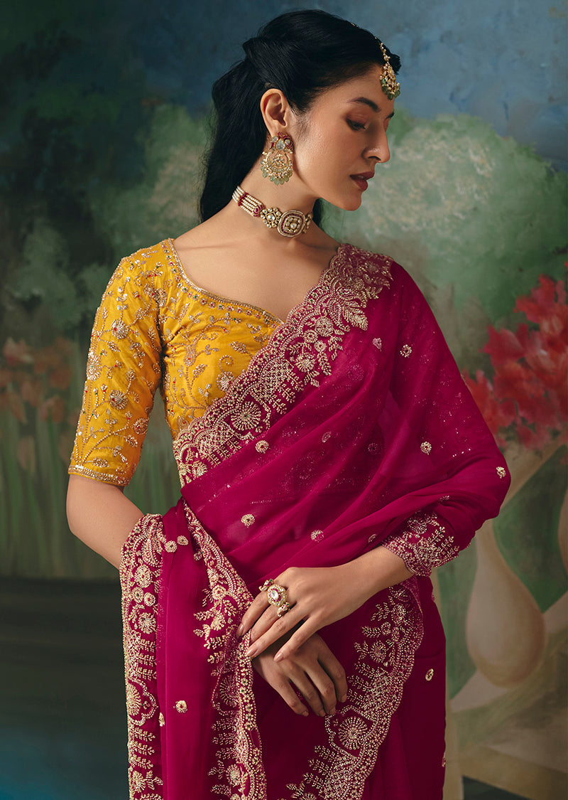 Monjolika Fashion Fancy Fabric Embroidered Saree in Rani Pink | Grocsy