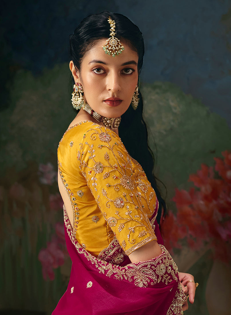 Monjolika Fashion Fancy Fabric Embroidered Saree in Rani Pink | Grocsy