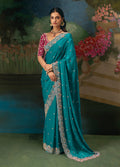 Monjolika Fashion Fancy Fabric Embroidered Saree in Aqua Blue | Grocsy