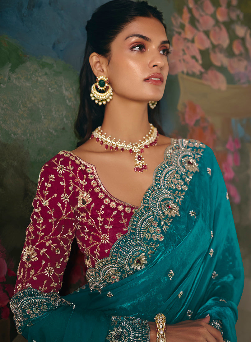 Monjolika Fashion Fancy Fabric Embroidered Saree in Aqua Blue | Grocsy