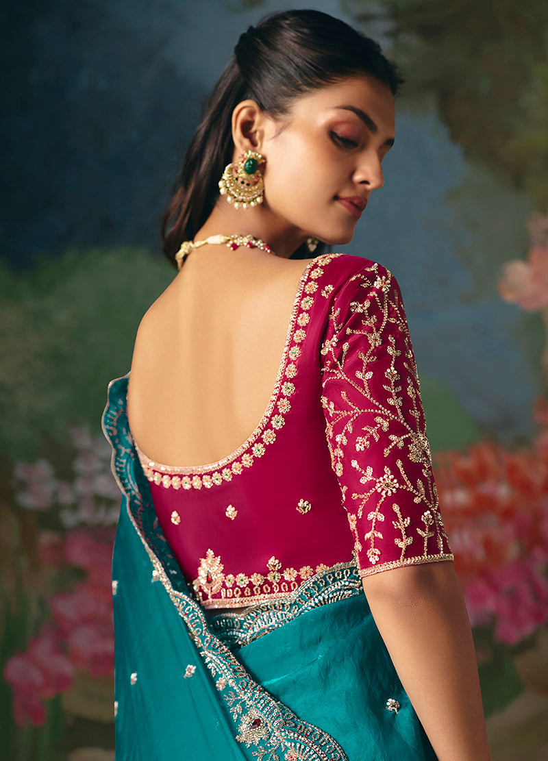 Monjolika Fashion Fancy Fabric Embroidered Saree in Aqua Blue | Grocsy
