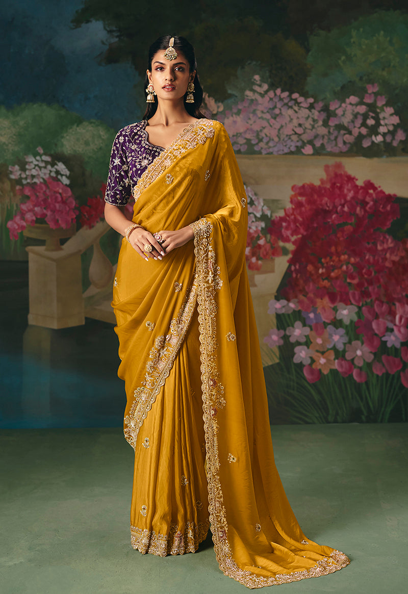Monjolika Fashion Fancy Fabric Embroidered Saree in Mustard | Grocsy