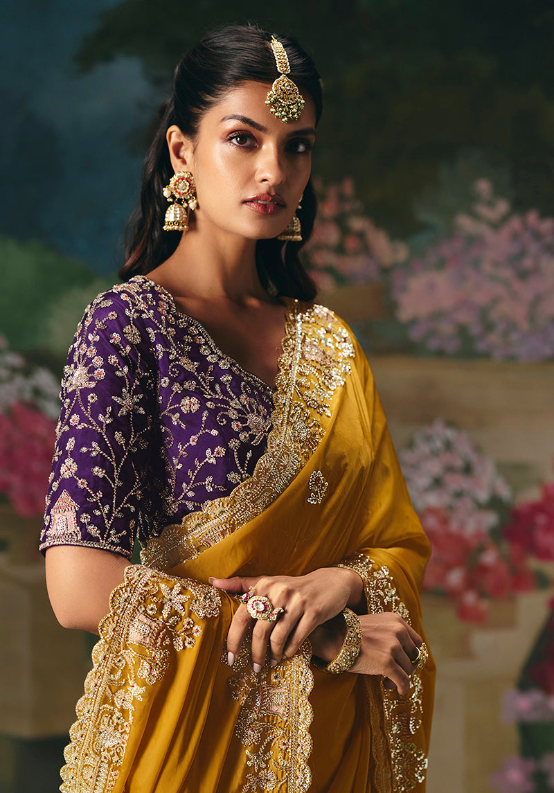 Monjolika Fashion Fancy Fabric Embroidered Saree in Mustard | Grocsy
