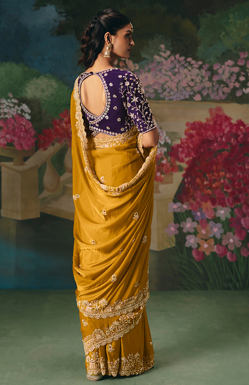 Monjolika Fashion Fancy Fabric Embroidered Saree in Mustard | Grocsy