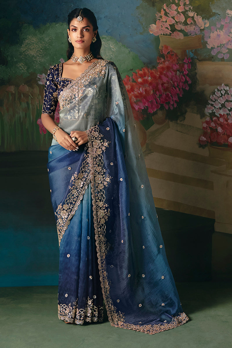 Monjolika Fashion Fancy Fabric Embroidered Saree in Blue | Grocsy